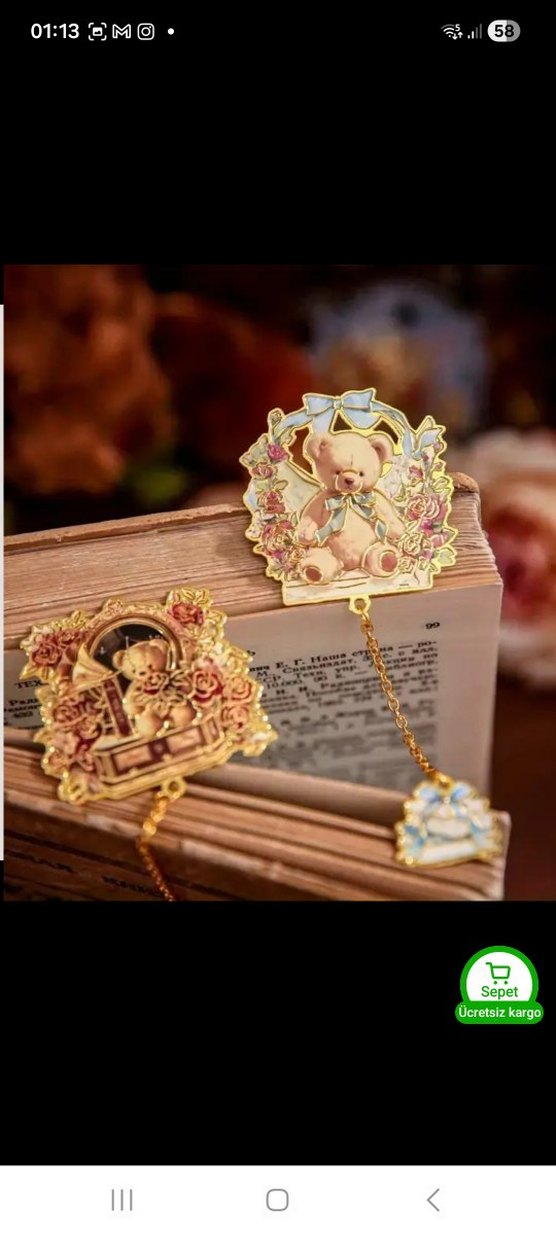 Altın Zincir Detaylı Bohem Vintage Ayıcık Charm kitap ayraci - Görsel 2