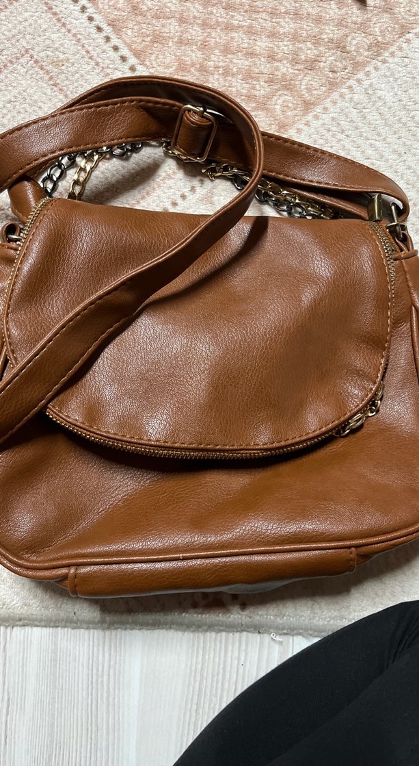 Zincir Detaylı Kahverengi Deri Kadın Çanta - Görsel 4