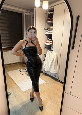 Deri midi boy elbise - Görsel 3