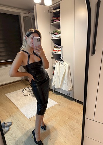 Deri midi boy elbise - Görsel 4