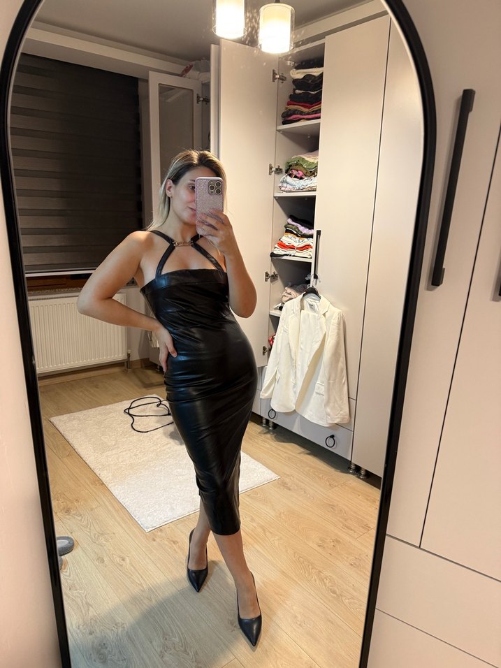 Deri midi boy elbise - Görsel 3