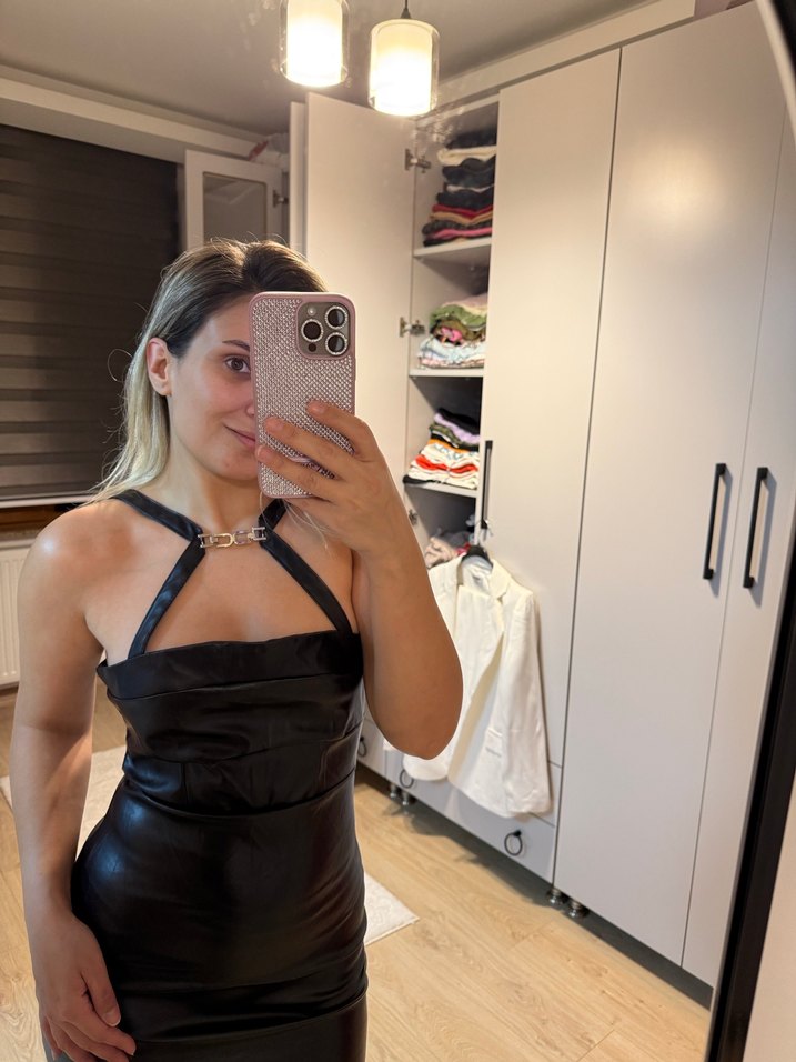 Deri midi boy elbise - Görsel 2