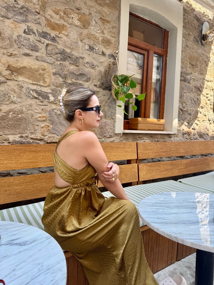 Krem Renkli Parlak İpek Görünümlü Bohem Uzun Elbise - Görsel 3