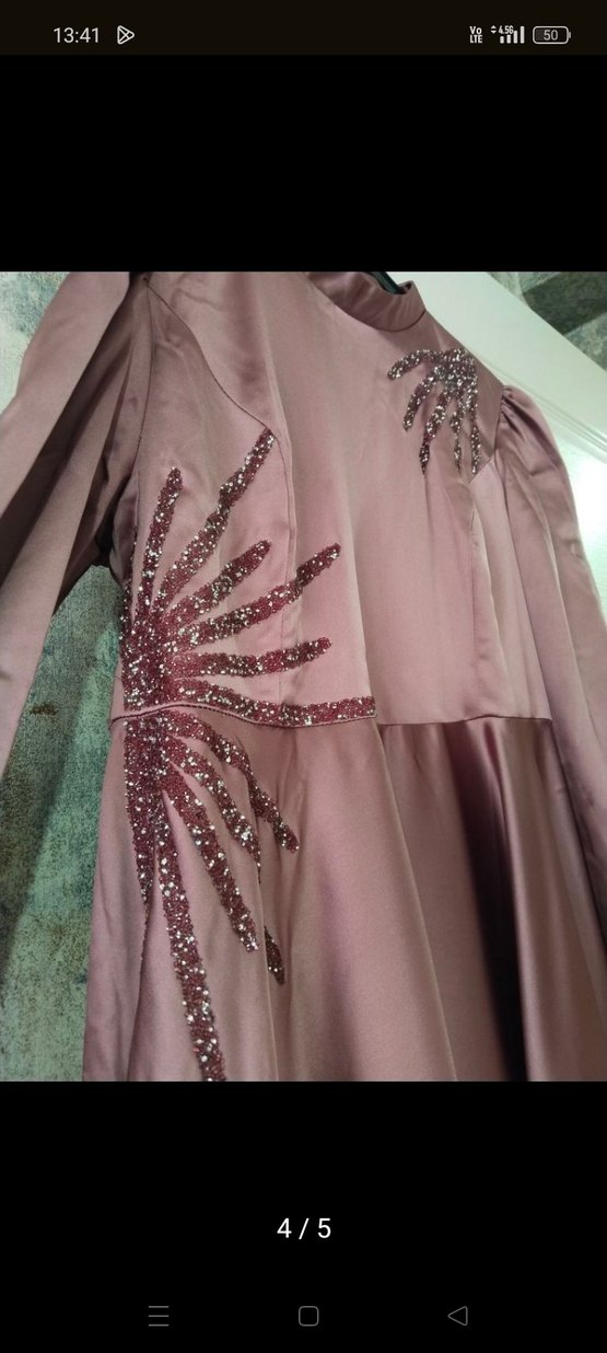 Mor İşlemeli Uzun Kollu Uzun Elbise - Görsel 4