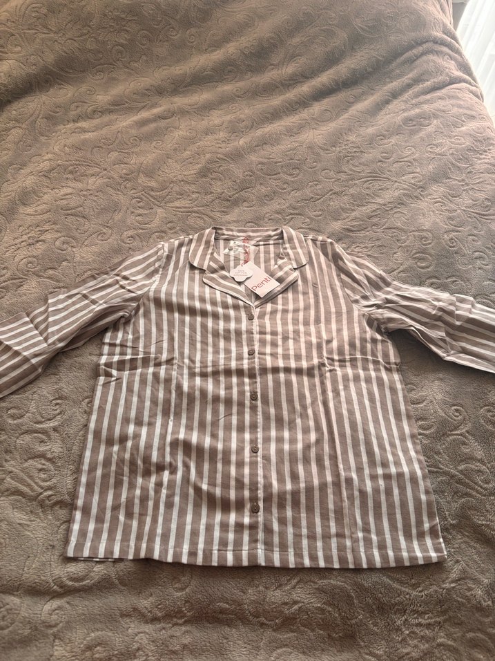 Penti Düğmeli Uzun Kollu Çizgili Kadın Gömlek Pijama Takımı - Görsel 2