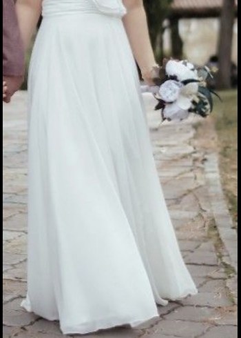 V Yaka Beyaz A Kesim Uzun Gelinlik - Görsel 3