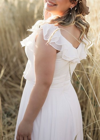 V Yaka Beyaz A Kesim Uzun Gelinlik - Görsel 2