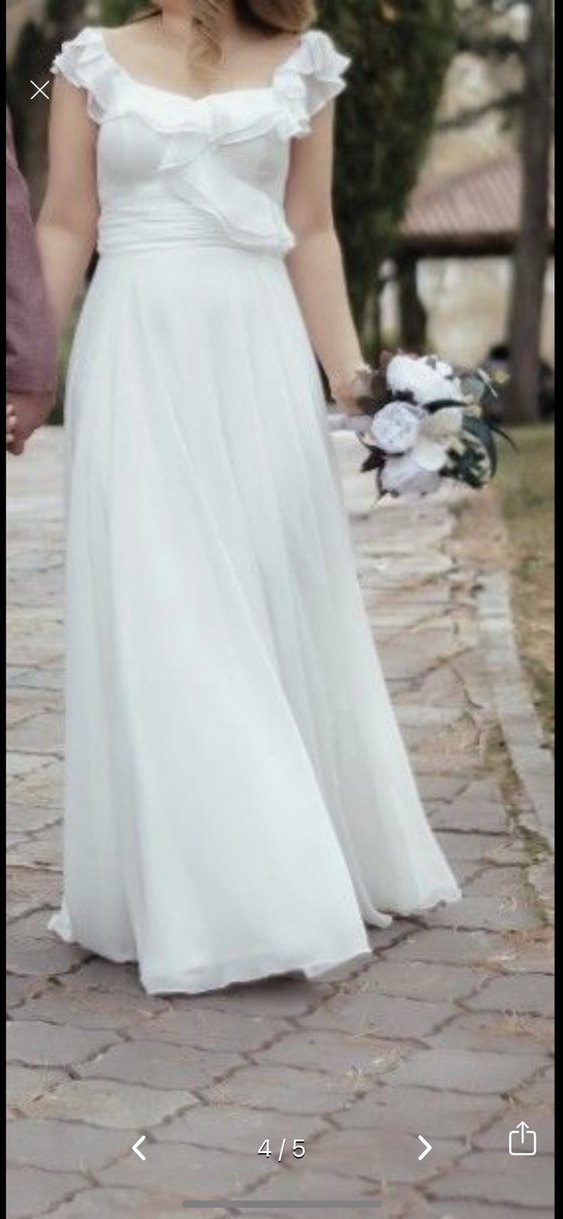 V Yaka Beyaz A Kesim Uzun Gelinlik - Görsel 3
