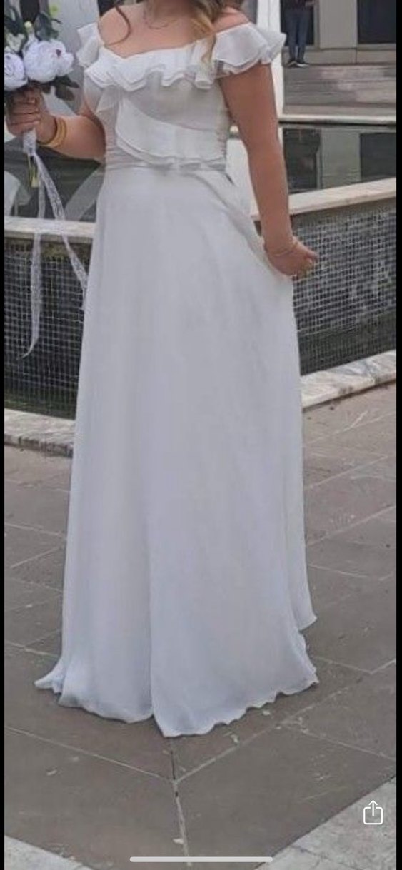 V Yaka Beyaz A Kesim Uzun Gelinlik - Görsel 4