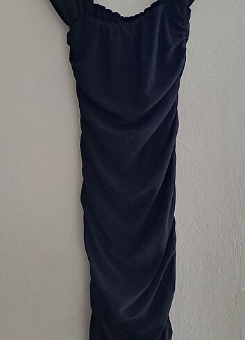 Diğer Siyah drape detaylı madonna yaka elbise