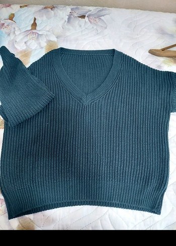 Gri V Yaka Örgü Kadın Kazak - Görsel 2