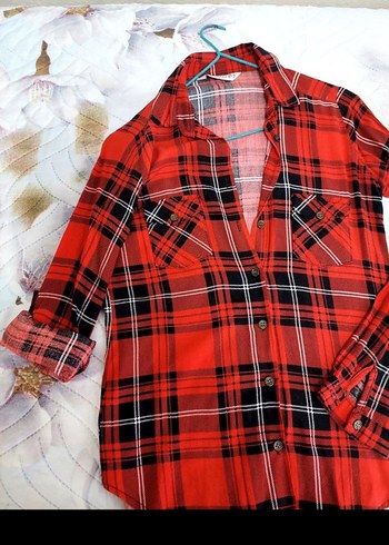 Kadın Kırmızı Ekose Uzun Kollu Gömlek - Görsel 2