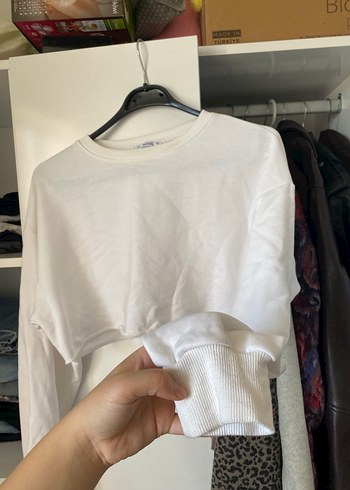 m Beden beyaz Renk Beyaz Crop Sweatshirt Uzun Kollu