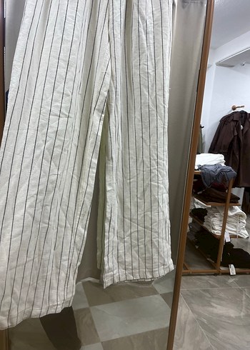 Beyaz Çizgili Bol Kesim Keten Pantolon - Görsel 2