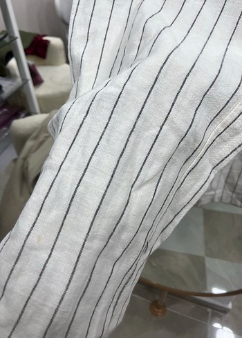 Beyaz Çizgili Bol Kesim Keten Pantolon - Görsel 3