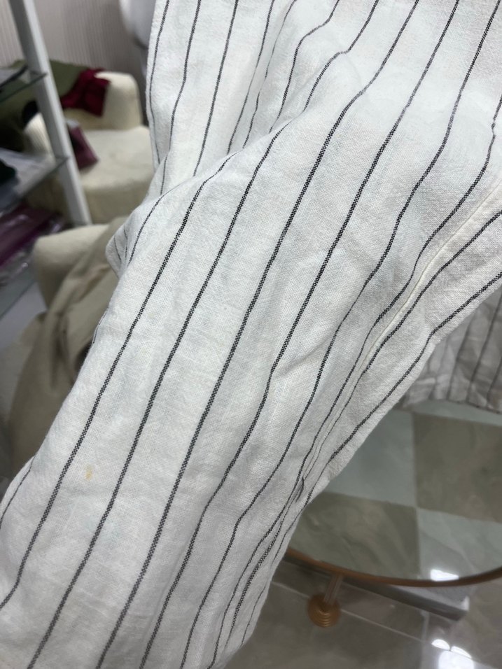 Beyaz Çizgili Bol Kesim Keten Pantolon - Görsel 3