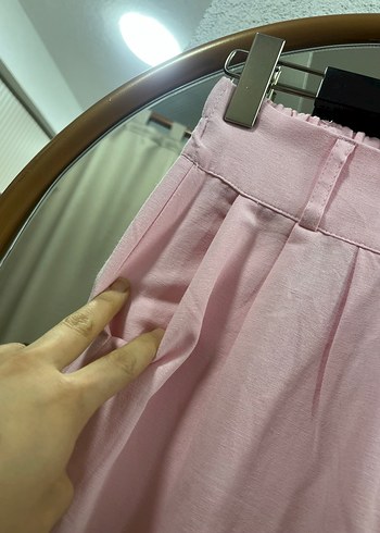 Pembe Keten Pilili Kadın Pantolon - Görsel 3