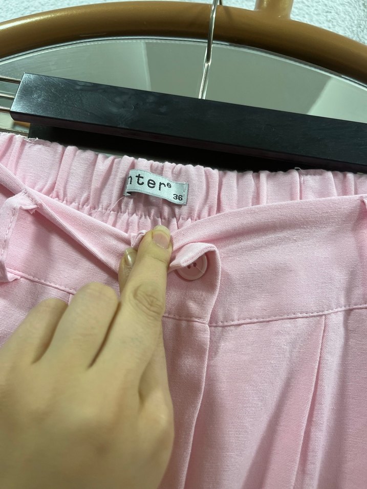 Pembe Keten Pilili Kadın Pantolon - Görsel 5