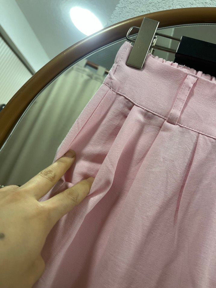 Pembe Keten Pilili Kadın Pantolon - Görsel 3