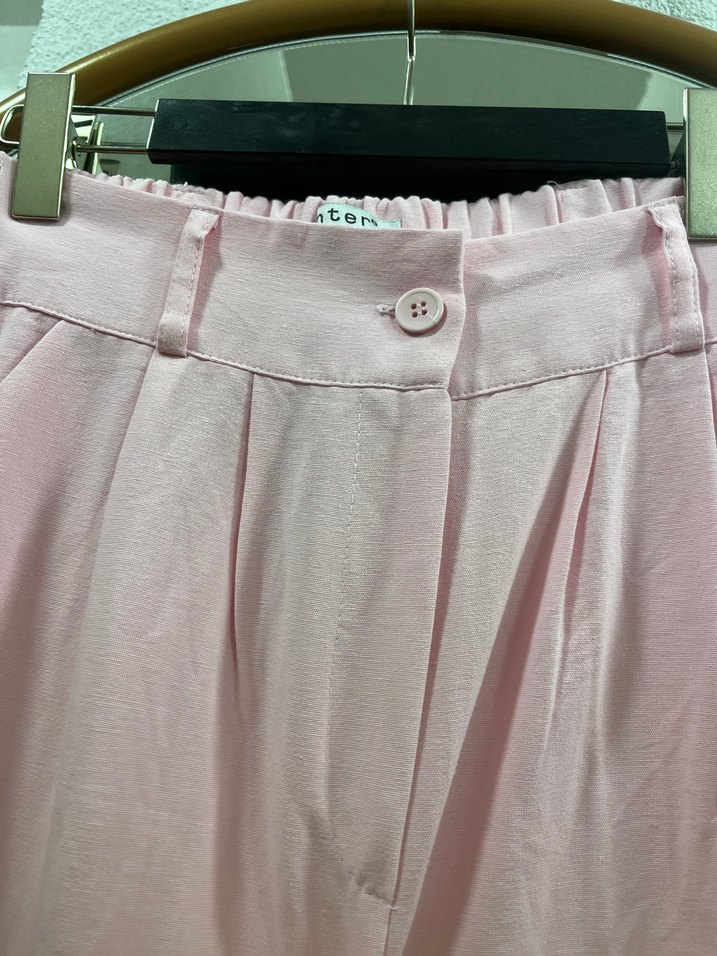 Pembe Keten Pilili Kadın Pantolon - Görsel 4