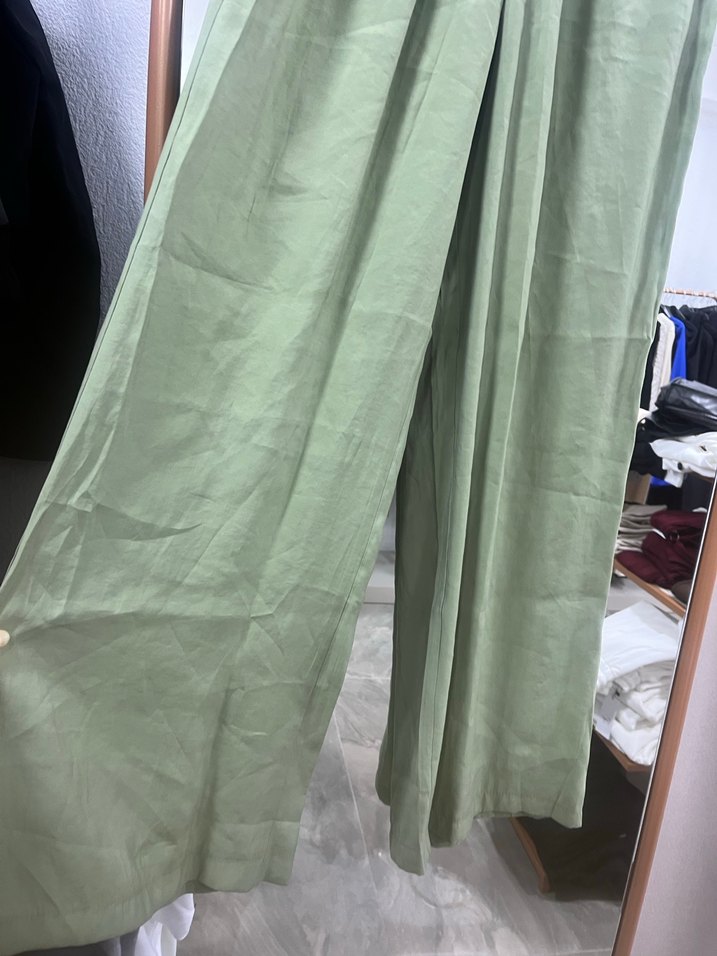 Yeşil Bol Kesim Keten Kadın Pantolon - Görsel 2