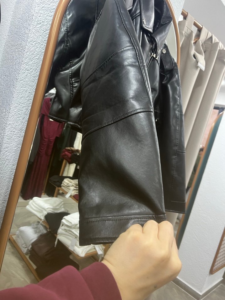 Kadın Siyah Deri Biker Ceket - Görsel 2