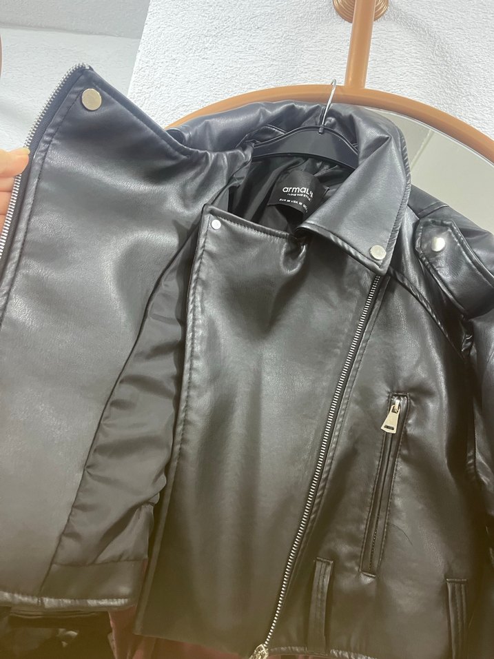 Kadın Siyah Deri Biker Ceket - Görsel 5