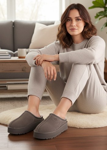 Ugg Gri Örgü Kadın Platform Terlik