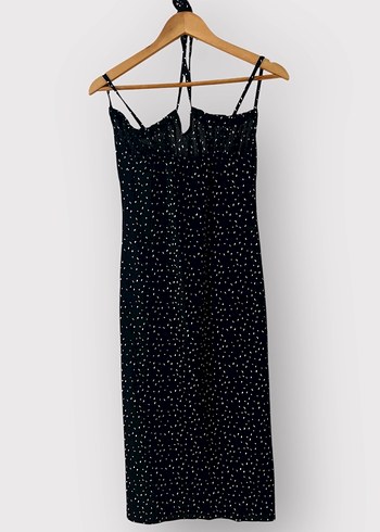 Askılı Siyah Puantiyeli Elbise  İnce Askılı, Yırtmaçlı - Görsel 2