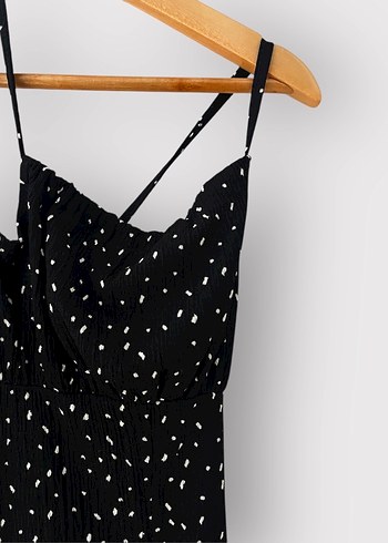 Askılı Siyah Puantiyeli Elbise  İnce Askılı, Yırtmaçlı - Görsel 3