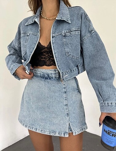 Fermuarlı çift cepli denim ceket