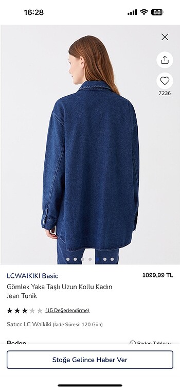 xxl Beden mavi Renk Kot tunik gömlek