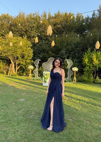 Lacivert Drapeli Straplez Uzun Abiye Elbise - Görsel 2