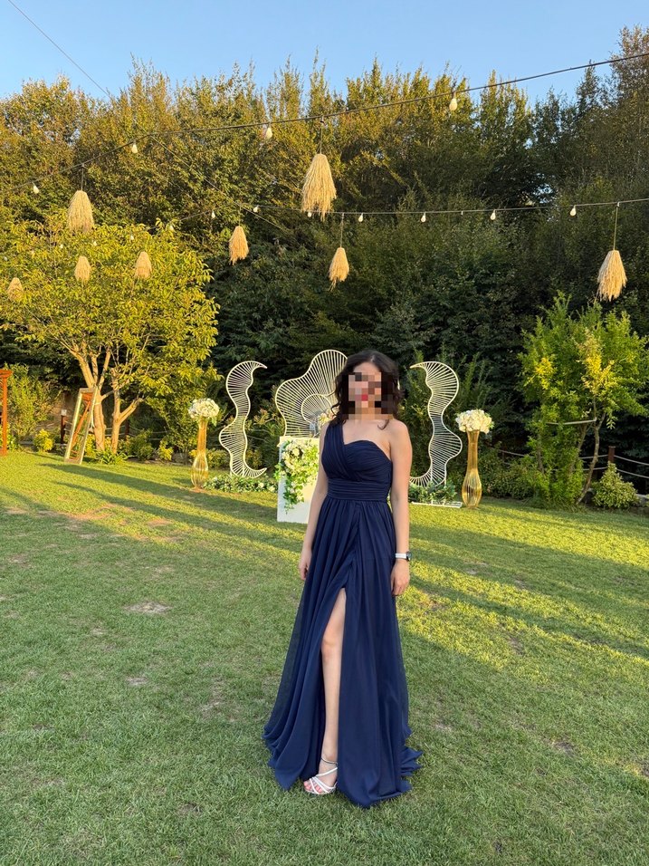 Lacivert Drapeli Straplez Uzun Abiye Elbise - Görsel 2