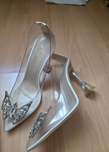 Beyaz Parlak Cam Topuklu Kadın Abiye Ayakkabı - Görsel 3