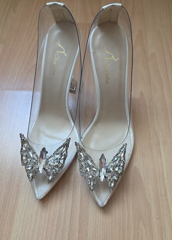 Beyaz Parlak Cam Topuklu Kadın Abiye Ayakkabı - Görsel 2