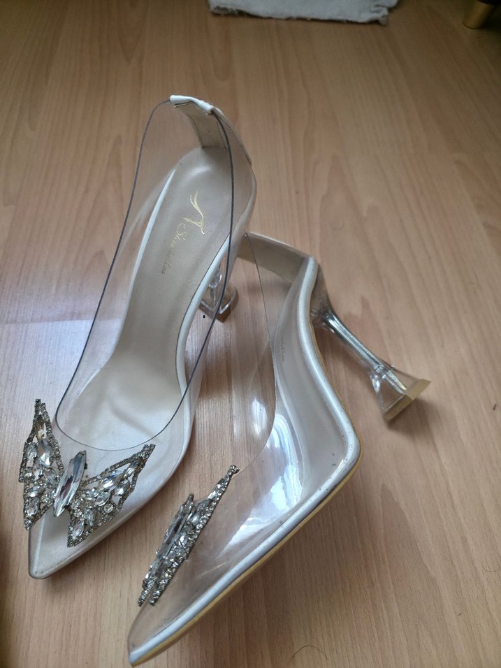 Beyaz Parlak Cam Topuklu Kadın Abiye Ayakkabı - Görsel 3