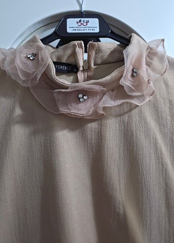 Bej Uzun Tüllü Elbise, Yüksek Yakalı, Salaş Kesim - Görsel 3