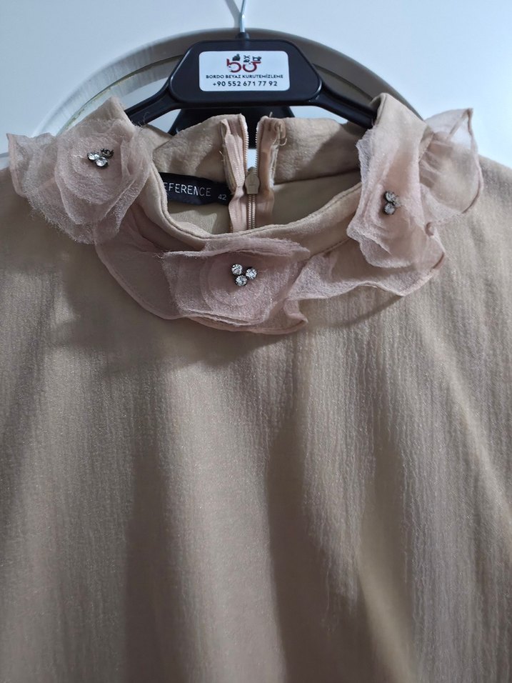 Bej Uzun Tüllü Elbise, Yüksek Yakalı, Salaş Kesim - Görsel 3