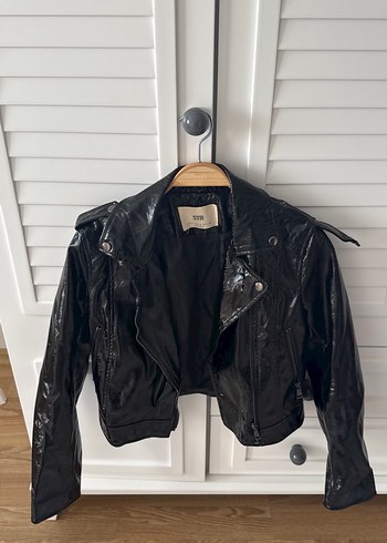 Kadın Siyah Parlak Deri Biker Ceket - Görsel 4
