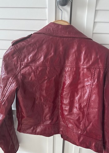 Düğmeli Bordo Deri Biker Ceket - Görsel 5