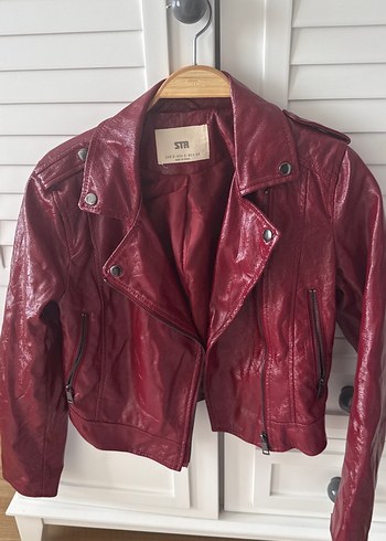 Düğmeli Bordo Deri Biker Ceket - Görsel 2