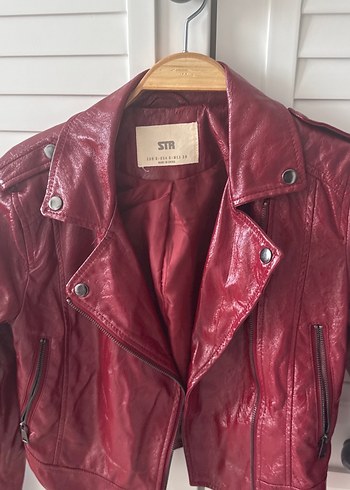 Düğmeli Bordo Deri Biker Ceket - Görsel 3