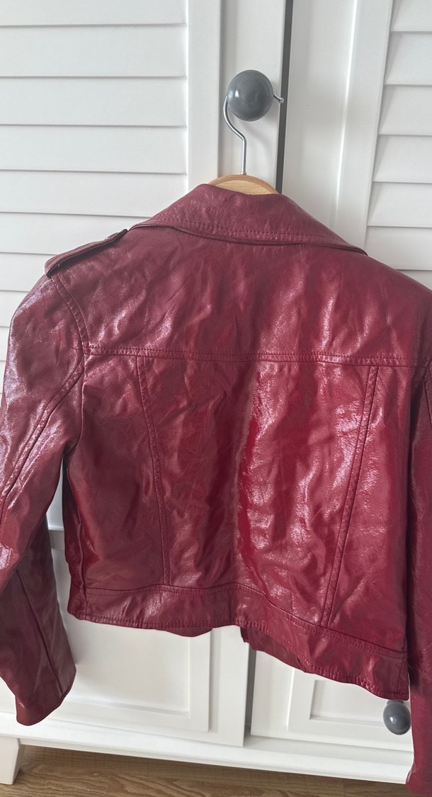 Düğmeli Bordo Deri Biker Ceket - Görsel 5