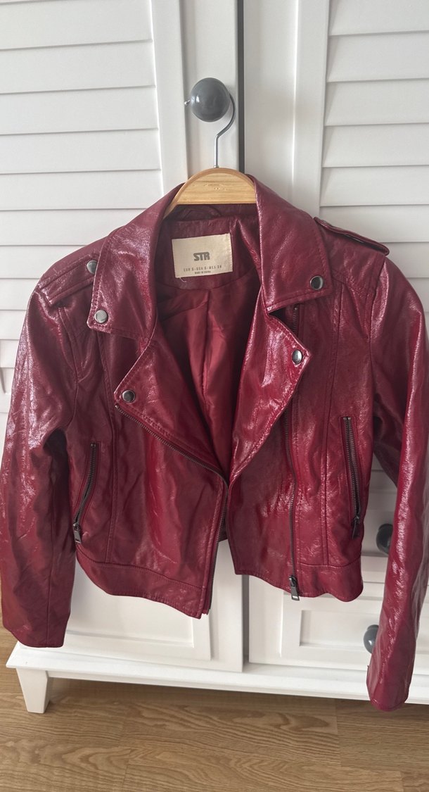 Düğmeli Bordo Deri Biker Ceket - Görsel 2