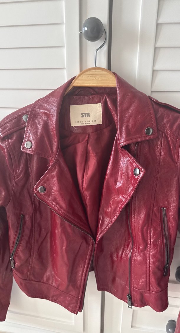 Düğmeli Bordo Deri Biker Ceket - Görsel 3