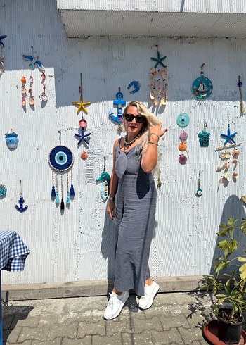 l Beden Gri Uzun Askılı Kadın Denim Tulum