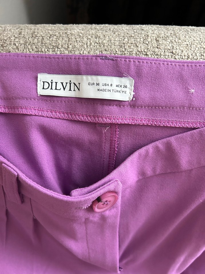 Lila Pilili Midi Kumaş Kadın Pantolon - Görsel 3