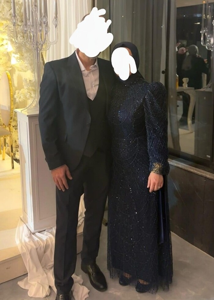 Taş detaylı lacivert elbise - Görsel 2