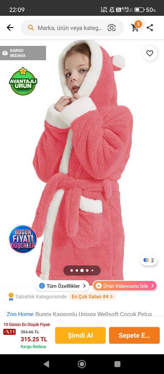 Kız Çocuk Pembe Kapüşonlu Bornoz - Görsel 3